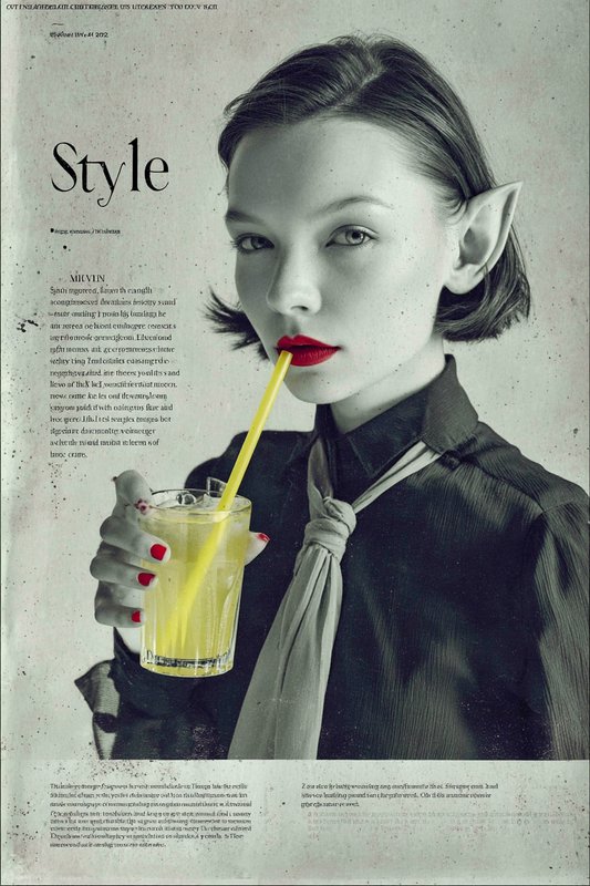 STYLE: "In style of Man Ray + Tim Walker, where Man Ray’s surreal monochrome portraiture enhances the eerie elegance through high-contrast lighting and photographic abstraction, and Walker’s whimsical composition and fashion-forward styling add surreal personality to the frame. The fusion manifests as a dreamlike, hyper-detailed grayscale portrait with selective color accents that create a timeless, cinematic fantasy atmosphere."
SUBJECT: "A young woman with small pointed Vulcan-like ears, wearing a dark blouse with a muted yellow bow tie (rendered in grayscale), holding a glass of lemonade with a straw, her expression calm and enigmatic. Her hair is slicked back and neatly parted. The only color in the image is her vivid red lipstick and matching red nail polish, and her eyes, that match her ribbon, which starkly contrast the monochromatic palette"
SETTING: "Scene set against a textured gray canvas background with soft speckles and splatters evoking a vintage poster look, shot like a cinematic film still using V-Raptor XL with 35mm film grain, dramatic lighting, subtle vignette, and masterful post-processing that enhances skin texture, hair sheen, and glass condensation. The atmosphere is surreal, elegant, and visually striking with a sophisticated sense of realism and fantasy"