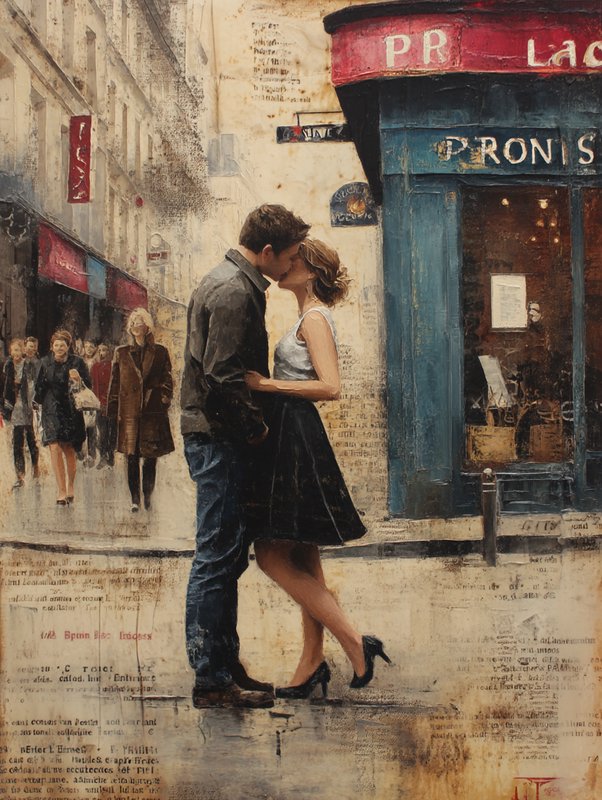 Encrustique
STYLE: "a fusion of Claude Monet+Gustav Caillebotte+encaustic wax where impressionist atmospheric light effects and photorealistic urban perspectives are rendered through layers of translucent colored wax that create dimensional surface textures, preserving the integrity of the original subject and setting."
direct eye contact with classic figure figure study on a downtown paris street, classic pin up pose