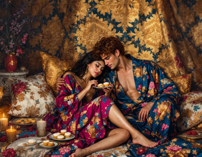 Romantic couple in colorful floral robes sharing cookies on a plush bed with a gold floral backdrop