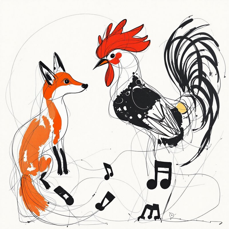 Abstract ink drawing of an orange fox and a black-and-red rooster facing each other with musical notes.