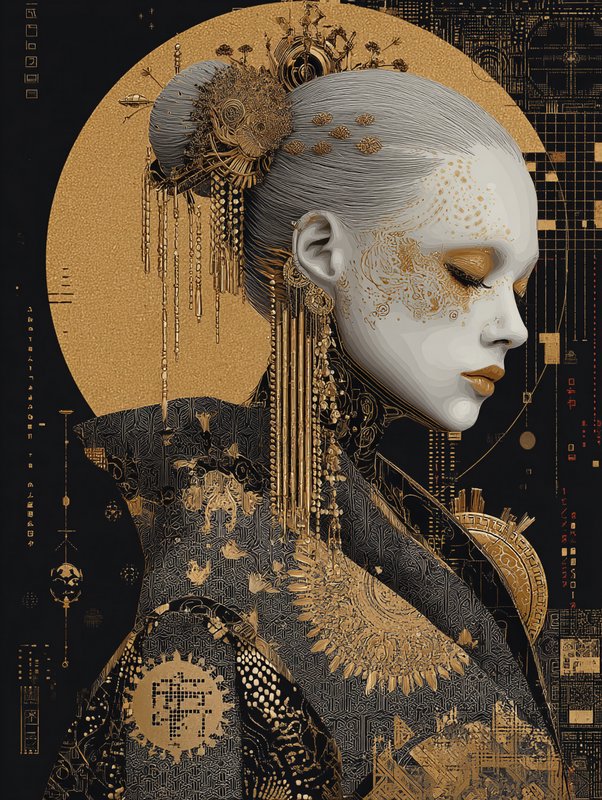 Ornate gold-and-black portrait of a woman with a jeweled headpiece and mechanical jewelry.