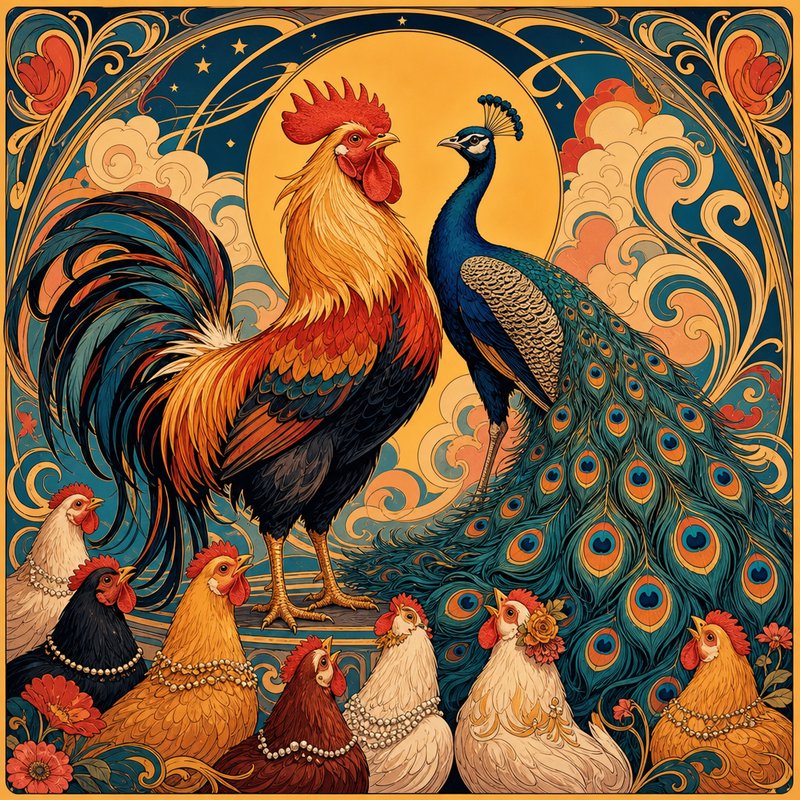 Colorful rooster and peacock with a group of chickens in an ornate Art Nouveau scene.
