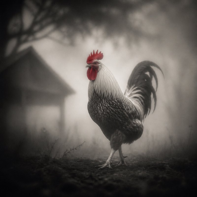Vivid red-combed rooster standing in a misty farmyard, black-and-white photograph.