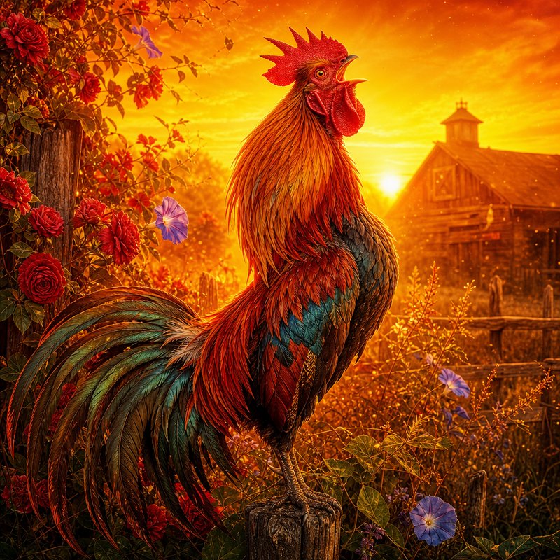 Colorful rooster perched on a fence post in a sunset garden with blooming flowers