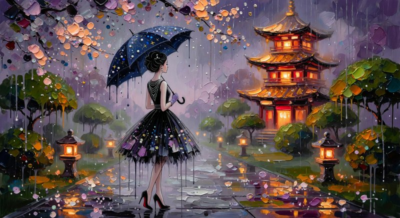 Thick palette-knife impasto with vibrant mosaic-like strokes and luminous textured dabs, combined with moody atmospheric wet-media drips and tonal gray dissolves, creating a glowing rain-soaked nocturne. The result should manifest as refined elegant fashion-illustration linework fused with dreamlike textured surfaces, scattered light speckles, reflective wet ground, and a melancholic romantic luminosity
A slender elegant woman with an upswept dark coiffure, poised in profile, wearing a fitted black sleeveless dress with a delicate tutu-like skirt and stiletto heels, holding an oversized midnight-blue parasol speckled with starlight over one shoulder
Scene set in a misty garden at twilight, with a hushed dreamlike atmosphere, featuring a glowing multi-tiered pagoda with amber-lit windows, surrounding mushroom-shaped canopy structures, blossoming branches, scattered wildflowers, stone lanterns, and a wet reflective stone pathway