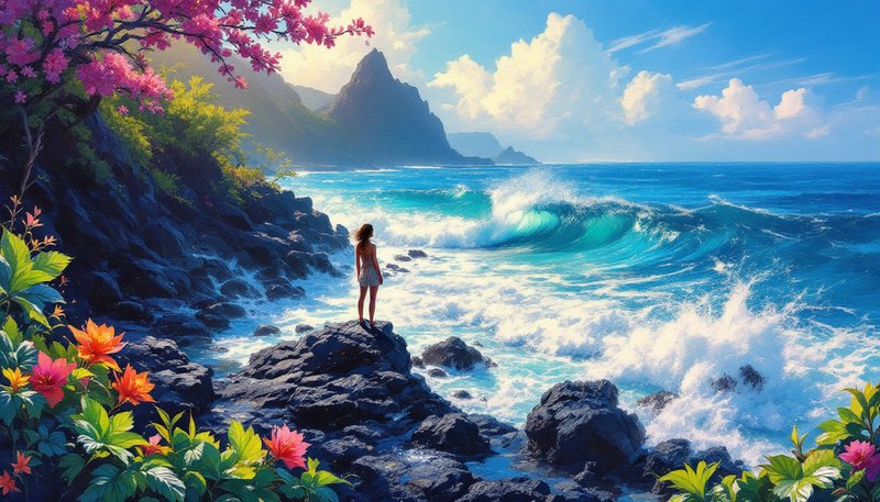 Woman standing on dark volcanic rocks by a turquoise ocean with crashing waves and tropical flowers in the foreground.