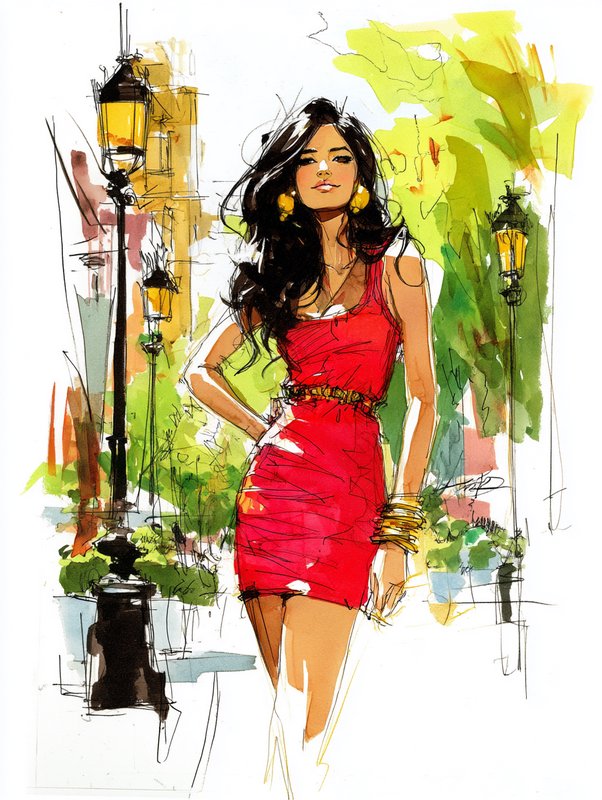 Confident ink-and-marker linework with bold gestural contour strokes combined with loose, energetic marker shading and visible hatching, creating a vibrant fashion-illustration aesthetic. The result should manifest as crisp black outlines, expressive directional pen strokes, saturated flat color blocking with white highlight gaps, and spontaneous sketchbook spontaneity balancing realistic anatomy with stylized abstraction.
A woman with long, voluminous wavy black hair and a poised expression, standing in a relaxed frontal pose with one hand at her hip, wearing a fitted sleeveless red mini dress, gold stacked bracelets, and a beaded wrist band.
Scene set on a tree-lined urban street during bright daytime, with a warm airy atmosphere, featuring loosely sketched green foliage, hedges, distant buildings, lamp posts, and golden-yellow accent highlights framing the figure.