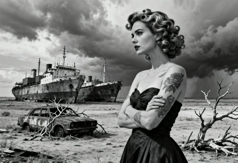 Black-and-white portrait of a woman with vintage dress and tattoos, standing amid a shipwreck and rusted car under