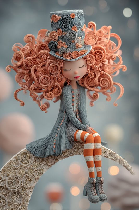 Whimsical clay doll with orange curls, blue coat, striped orange-and-white tights, and a decorative quilled hat.
