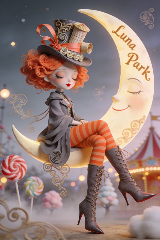 Whimsical doll-like girl with orange curls on a crescent moon at Luna Park amusement setting.