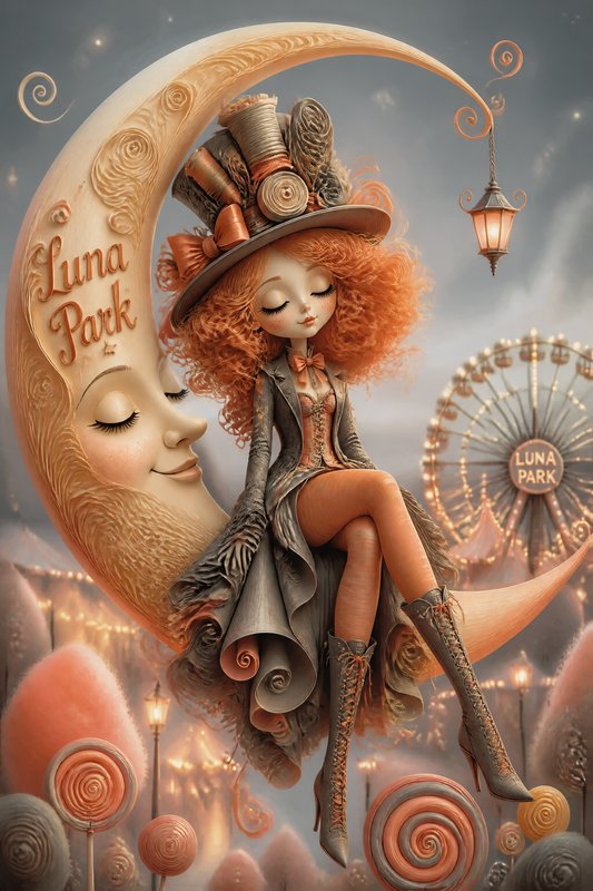 Whimsical girl with orange curls sits on a crescent moon at Luna Park.
