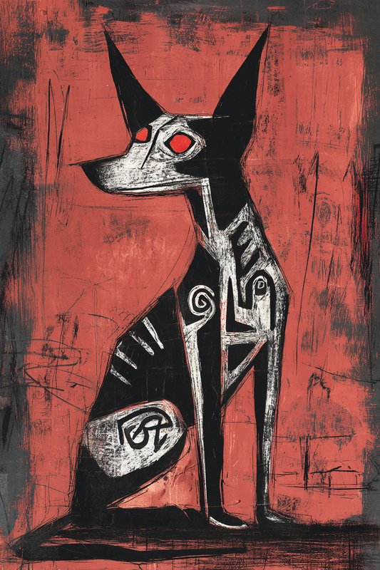 Abstract black-and-white dog figure with red eyes on a red textured background.