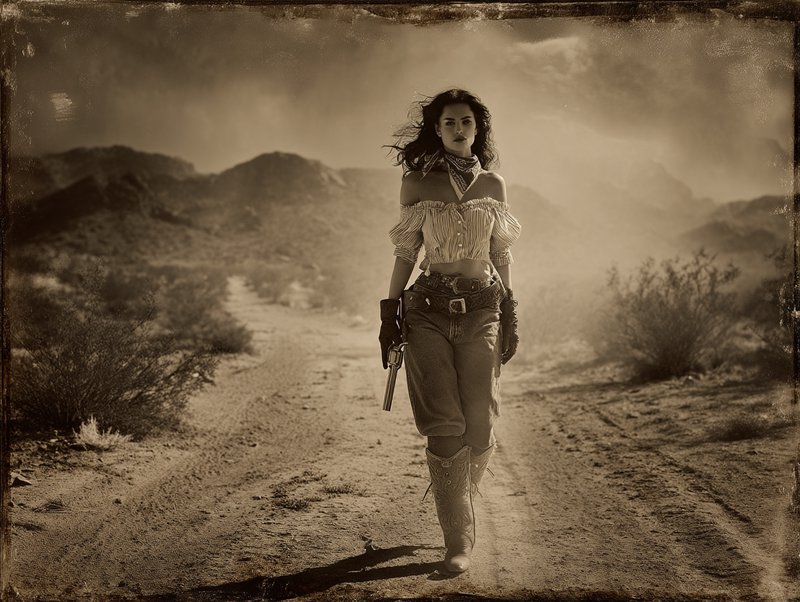 Wet-plate collodion tintype processing combined with cinematic chiaroscuro storytelling, creating a weathered monochrome aesthetic with silver-toned highlights, deep shadow pools, emulsion scratches, light leaks, and chemical bloom artifacts. The result should manifest as a vintage frontier photograph with grainy film texture, dust particles catching light, faded sepia undertones, and a haunting painterly atmosphere where romanticism meets gritty realism, blending tactile analog imperfection with deliberate compositional drama.
A lone cowgirl assassin walking away from the camera down a dusty trail, long dark windblown hair, off-shoulder ruffled gingham blouse with puffy sleeves, fitted denim jeans, leather gun holster strapped around hips and thigh, revolver held loosely in gloved hand, knee-high worn cowboy boots, confident purposeful stride, plaid bandana tied at neck, silhouette framed by swirling dust.
Scene set on a barren desert road at golden dusk, scrubby brush and rocky terrain flanking weathered wagon tracks, swirling dust devils and gunsmoke curling through dry air, distant mesas dissolving into hazy horizon, sun-bleached earth scattered with stones, atmospheric haze diffusing warm light into bronze and ash tones, isolated frontier silence broken only by retreating footsteps.