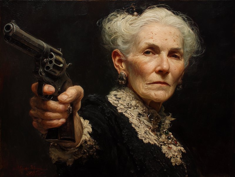 A stunning, hyperrealistic oil painting from 1910 featuring a 95-year-old woman, holding a with a pistola Colt 45 a confident and determined gaze. Her freckled cheeks and intricate Victorian attire exude a sense of life and determination. The artist has masterfully employed the techniques of Mann, Gammell, Kley, Goldin, Gerome, Anne Bachelier, Beksinski, Gibson, Rockwell, Seagrave, Alberto Vargas, N.C. Wyeth, Edward Hooper, Alphonse Mucha, Ron Griswold, and many others. The black color palette contrasts with the cool background, and the artist's skillful brushstrokes create depth and texture, paying homage to the works of these renowned artists., painting --ar 4:3 --raw