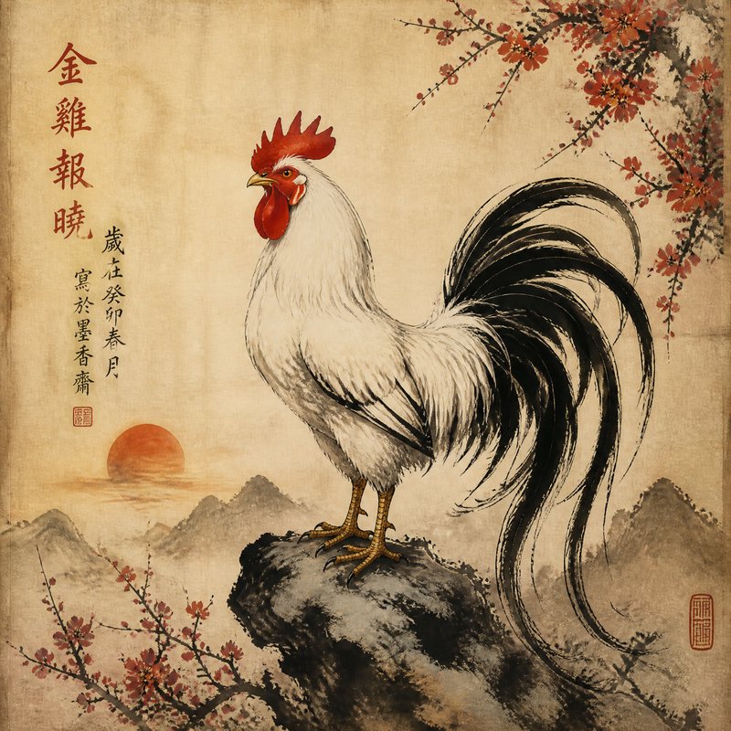 Bold ink-wash brushwork with confident sumi-e strokes fused with delicate botanical stippling and crimson vermillion accents, creating a striking tension between graphic black silhouettes and soft floral atmosphere. The result should manifest as a traditional East Asian scroll aesthetic with textured rice-paper background, calligraphic energy in tail feathers, dotted plum-blossom clusters resembling pressed seal marks, and weathered parchment tones evoking centuries-old hanging scrolls.

A proud rooster with crisp white plumage and dramatic flowing black tail feathers, standing in profile atop a dark rocky outcrop, crimson comb and wattles vivid against pale chest, sharp beak and alert amber eye facing left, talons gripping textured stone, tail cascading in sweeping calligraphic strokes.

Scene set on an aged ivory silk scroll during timeless dawn light, with serene minimalist atmosphere, featuring scattered red plum blossoms on slender branches in lower foreground, a cascading cluster of crimson blooms in upper right, vertical red brush-character inscriptions on the left margin, vermillion seal stamps, and soft weathered texture suggesting antique paper.