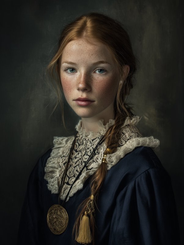 Portrait of a redheaded young woman in a dark blue vintage dress with lace collar.