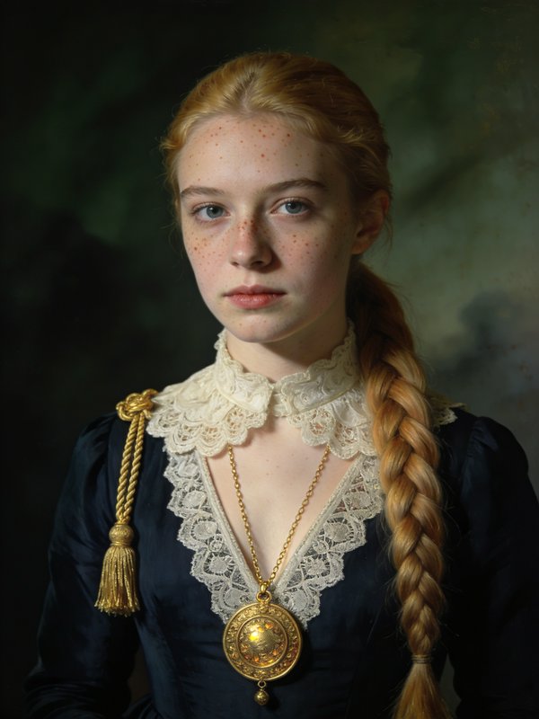 Portrait of a young woman with a long braided red-blonde hair, wearing a navy Victorian-style dress with lace collar and