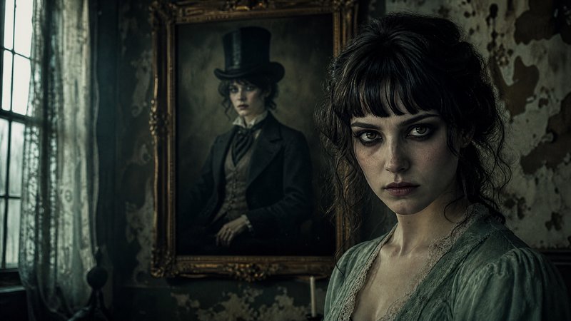 Young woman in a vintage dress in a dim, decayed room with a framed portrait of a top-hatted figure.