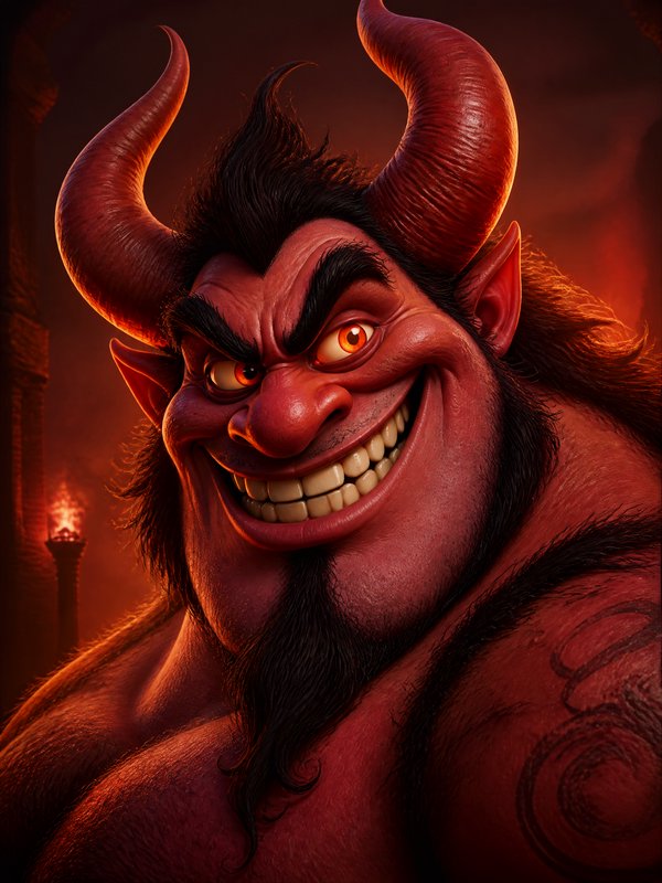 Red-skinned demon with large horns, sharp teeth, and a menacing grin in a fiery, torched background.