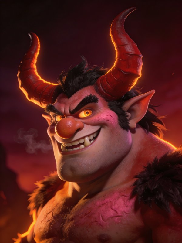 Fiery-horned demon character with a mischievous grin and glowing orange eyes.