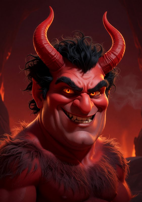 Fiery red demon with large curved horns, glowing orange eyes, and a menacing grin against a lava-lit background.