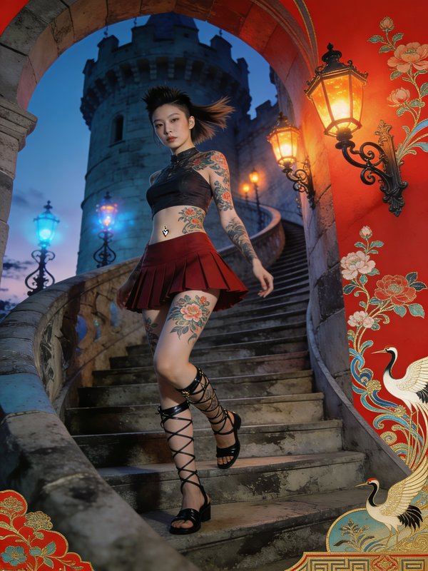 Tattooed woman on stone castle stairs at twilight, wearing a black top and red skirt with lace-up sandals.
