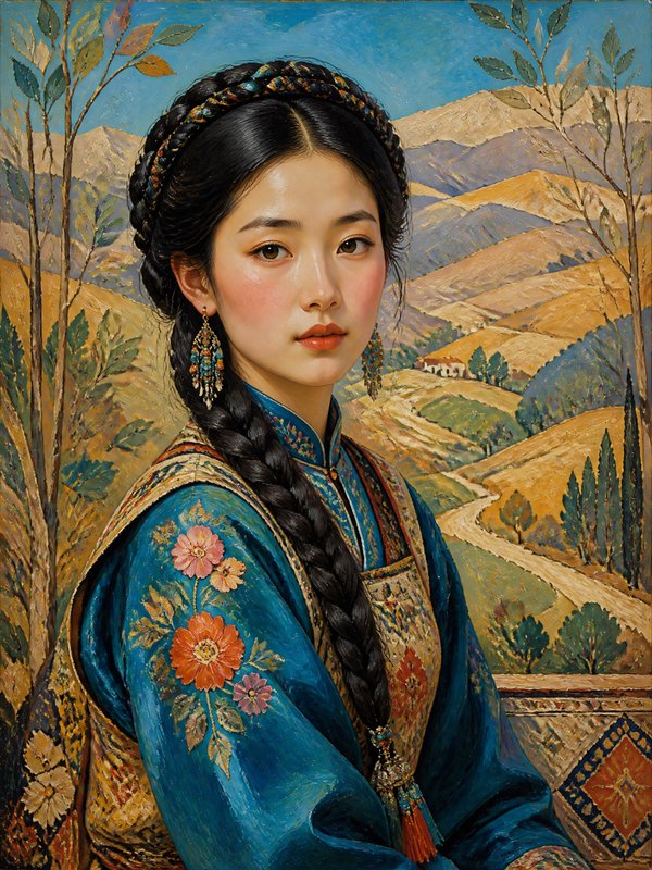 Portrait of a young Asian woman in a blue embroidered dress with braids, set against a scenic hillside background.