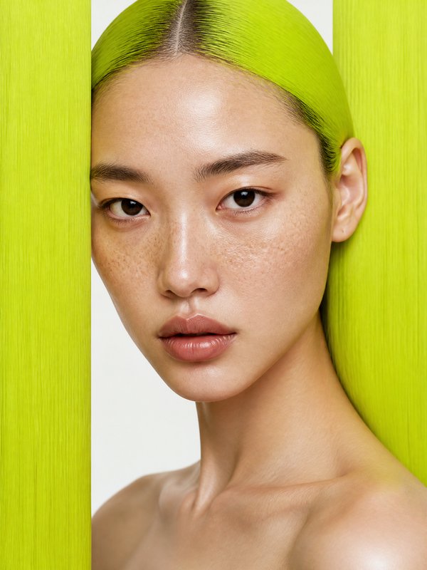 Portrait of a woman with neon-green hair between lime panels, close-up skin detail.
