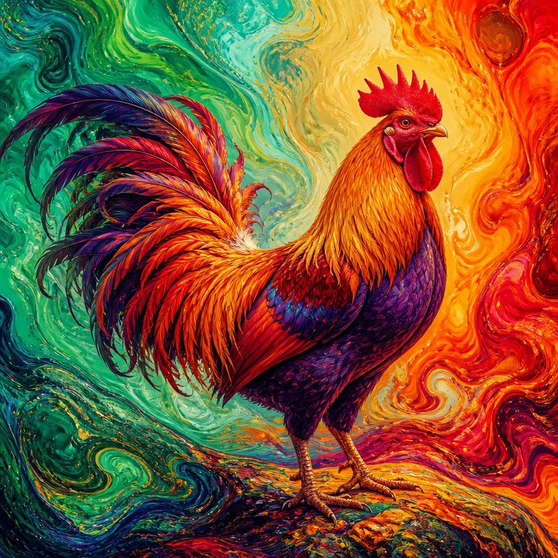 Fluid marbled paint techniques merged with bold expressionist color fields, creating swirling liquid distortions and psychedelic flow patterns. The result should manifest as hyper-saturated digital painting with glossy ribboned textures, rippling impasto strokes, prismatic color transitions, and a dreamlike chromatic intensity blending organic realism with abstract surrealism.

A majestic rooster in profile view with a vivid crimson comb and wattle, golden-orange neck hackles cascading into deep burgundy and violet body feathers, sweeping fiery tail plumes, alert posture with a sharp focused eye and proud upright stance.

Scene set in an abstract dreamscape during a timeless moment, with a divided atmosphere of cool emerald greens swirling on one side and molten oranges, reds, and yellows blazing on the other, featuring liquid marbled currents, undulating ribbons of pigment, and luminous chromatic eddies that frame the subject.