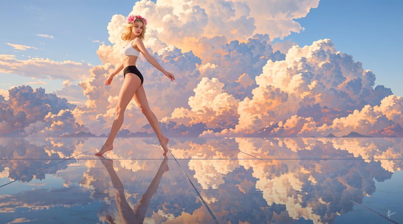Woman in bikini with flower crown walking on a glass walkway above sunset clouds.