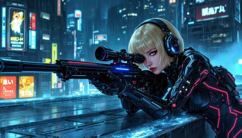 Female cyberpunk sniper in neon-lit rain, aiming a high-tech rifle.