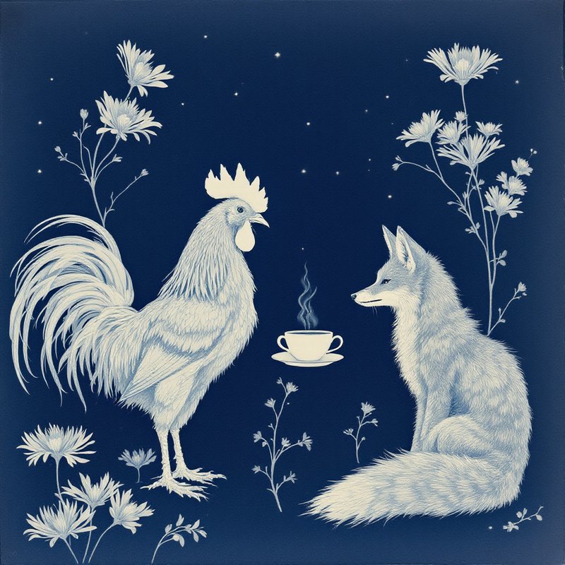 White silhouette illustration of a rooster and a fox with a steaming cup between them on a dark blue background.