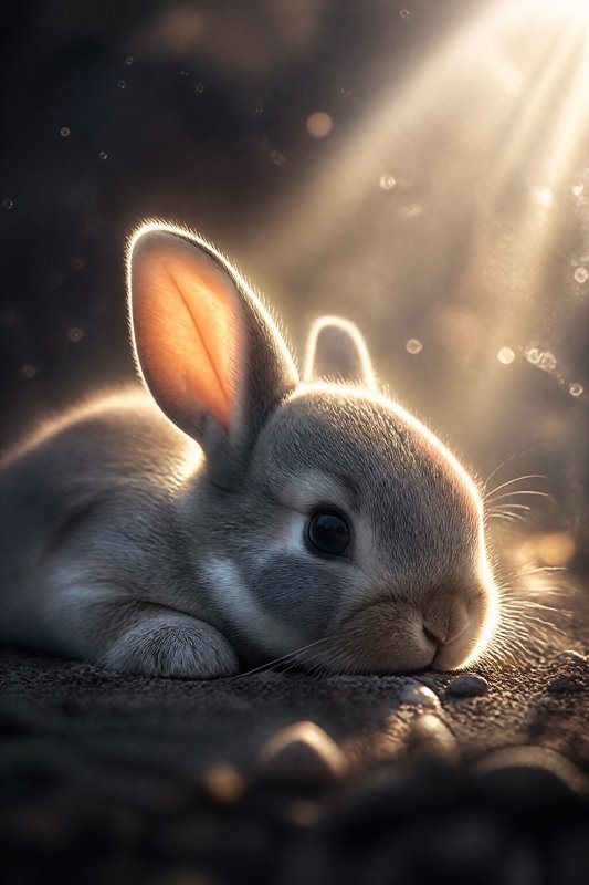 Adorable baby rabbit lying in soft light with backlit fur