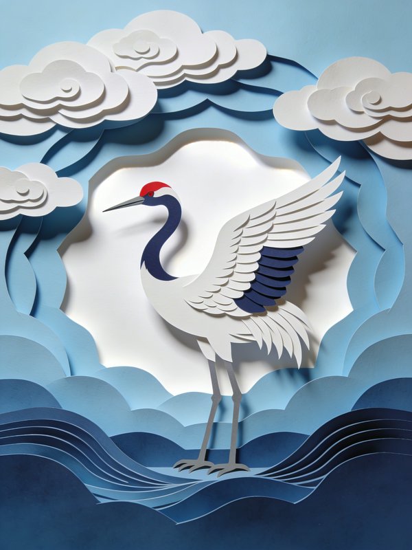 Paper art crane with layered blue waves and white clouds in a papercut style.