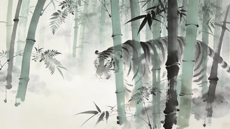 Watercolor tiger in a misty bamboo forest with green stalks and soft fog