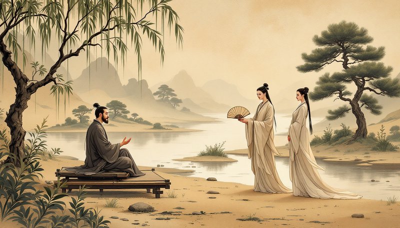 Ancient Chinese scholar on a wooden platform by a river with two attendants offering a fan.