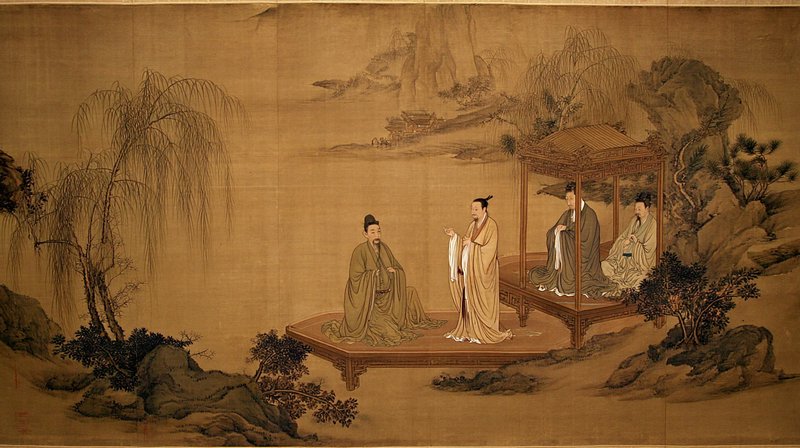 Chinese ink painting of scholars on a wooden platform with a pavilion amid a tranquil landscape.