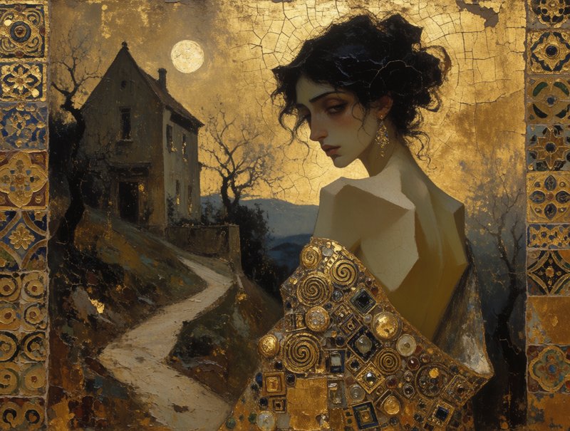 Lavish gold-leaf mosaic ornamentation and flattened decorative patterning combined with gaunt, angular expressive linework and raw psychological intensity, layered over a heavily cracked, weathered impasto surface of earthy material density, creating an antique gilded relic. The result should manifest as a richly textured Byzantine reverie, oxidized golds against deep umbers and midnight blues, fragile crackle veining, ornamental geometry dissolving into bare painterly flesh.

A dark-haired woman with an upswept tangle of curls, turned to glance over one bare shoulder, her exposed back tapering into a sharp angular spine. Her robe slips low, dissolving into an intricate jeweled mosaic of spirals, squares, and circular ornaments. Pale luminous skin, melancholic heavy-lidded gaze, delicate gilded earrings catching faint light.

Scene set on a winding pale path climbing toward a steep gabled stone house during a hushed golden night, with a brooding melancholic atmosphere, featuring a luminous disc of a moon, bare twisting trees, dense panels of ornamental tilework framing the edges, and an aged gold sky veined with cracks.