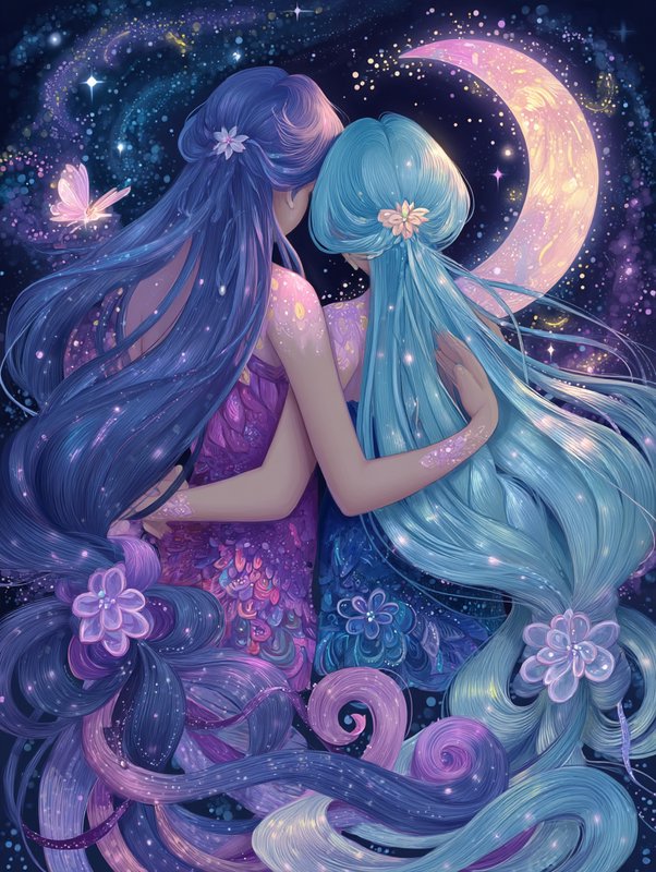 Glossy polished anime linework with luminous porcelain rendering combined with ethereal flowing detail and soft glowing digital color, creating a radiant cosmic fantasy. The result manifests as confident clean contours, iridescent jewel-toned palettes of sapphire violet and magenta, ornate decorative patterning, soft volumetric glow, sparkling starlight bloom, and a dreamy weightless atmosphere where hair, light, and fabric flow as one.
Two anthropomorphic anime unadorned elf sisters viewed from behind, backs turned to the viewer, bodies pressed close in a tender embrace, heads tilted toward one another in gentle profile, eyes serenely closed. Voluminous flowing blue hair coils like living silk down their backs, ornate floral and celestial tattoos winding across their shoulders and spines, mirrored kindred features.
Scene set in a boundless starlit cosmos during endless celestial twilight, with a swirling dreamlike atmosphere, featuring spiral galaxies, a glowing crescent moon crowned by a radiant teardrop star, drifting nebulae in blues and purples, scattered twinkling stars, a luminous magenta ribbon of stardust, and a braided rope of light coiling at their feet.