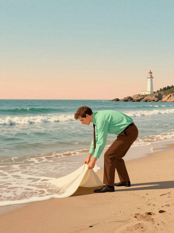 Man on a beach folds a white towel near the shoreline with a lighthouse in the distance.