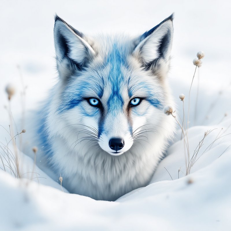 Arctic white wolf with piercing blue eyes in a snowy field