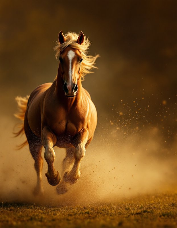 Chestnut horse galloping toward the camera through a dusty field with mane flying.