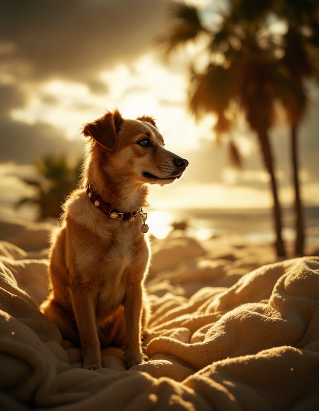 Dog sitting on a sunlit beach at sunset with palm trees in the background