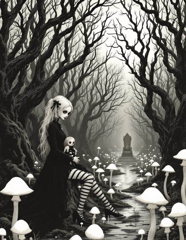 Gothic girl in a black dress sits with a doll among eerie white mushrooms in a twisted forest.
