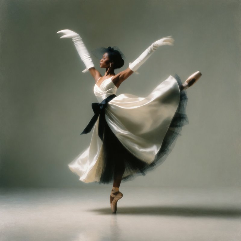 Soft pastel-touched gesture capturing fleeting motion combined with bravura fabric rendering and editorial studio control, creating luminous painterly realism. The result should manifest as satin surfaces catching diffused light, delicate atmospheric softness, refined elegance, and a quiet cinematic stillness wrapped around dynamic dance energy.

A poised ballerina with deep-toned skin and dark hair crowned by a black veiled headpiece, balanced on pointe in a soaring arabesque, one leg lifted high, arms sweeping upward in long white opera gloves, wearing a flowing white satin dress with a large black sash bow and dark tulle layers beneath.

Scene set in a minimalist photographic studio during a calm timeless moment, with soft sage-gray seamless backdrop and gentle gradient shadows, featuring diffused directional light, a polished pale floor reflecting faint highlights, and an airy uncluttered atmosphere emphasizing the dancer's graceful silhouette.
