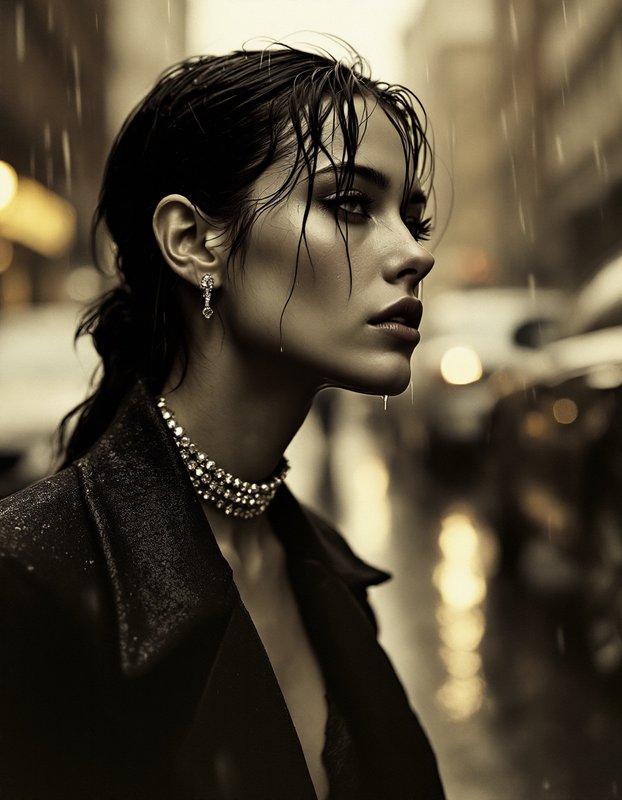 Fashion portrait of a rain-soaked woman on a city street in noir sepia tones.