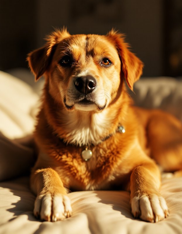 Golden-brown dog lying on a bed with front paws forward in warm indoor lighting.