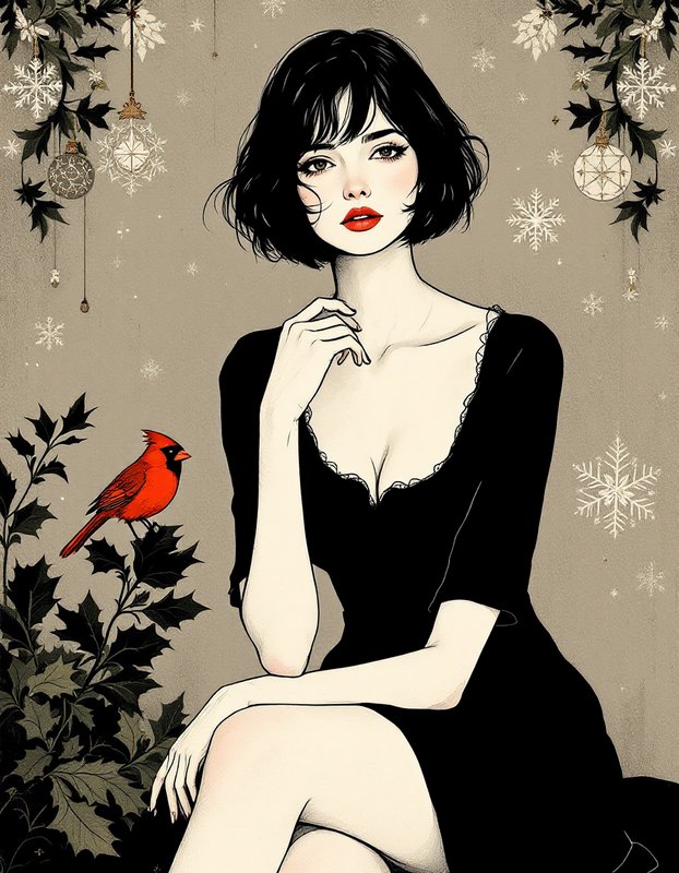 A stylish illustrated woman with short black hair in a black dress sits with a red cardinal on a leafy plant.