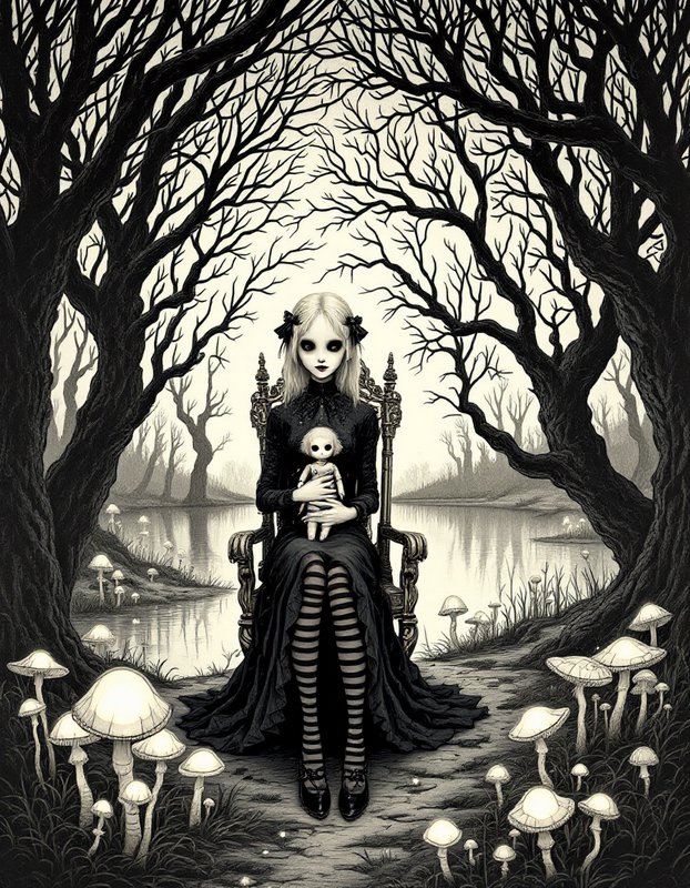 Gothic girl doll in a black dress sits on a throne in a misty, barren forest with glowing mushrooms.