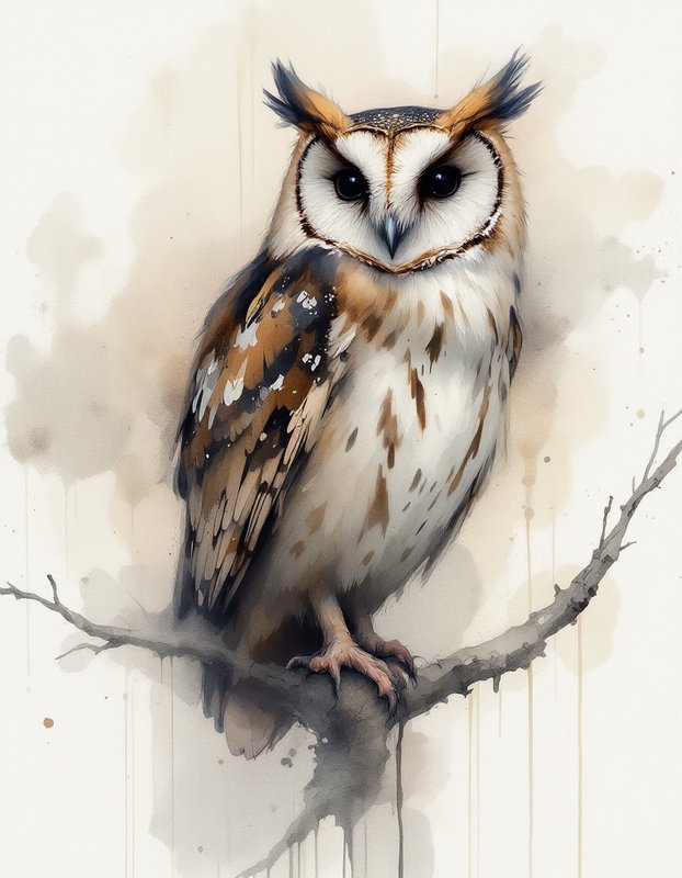 Watercolor-style illustration of a perched owl on a branch with a soft neutral background